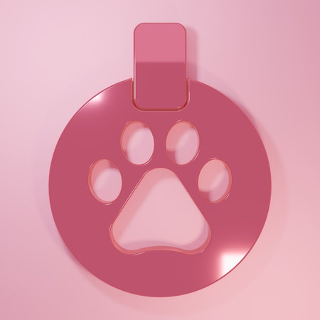 Pink Collar with name tag icon isolated on pink background. Supplies for domestic animals. Dog or cat paw print. Cat and dog care. Pet chains. Minimalism concept. 3D render illustration.の写真素材