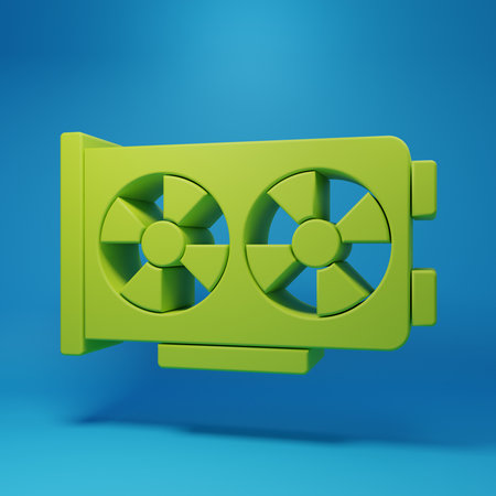 Green Video graphic card icon isolated on blue background. Minimalism concept. 3D render illustration.の写真素材