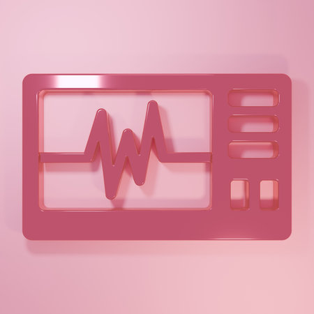 Pink Computer monitor with cardiogram icon isolated on pink background. Monitoring icon. ECG monitor with heart beat hand drawn. Minimalism concept. 3D render illustration.の写真素材