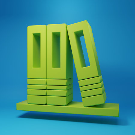 Green Office folders with papers and documents icon isolated on blue background. Office binders....