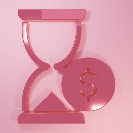 Pink Hourglass with dollar icon isolated on pink background. Money time. Sandglass and money. Growth, income, savings, investment. Minimalism concept. 3D render illustration.の写真素材