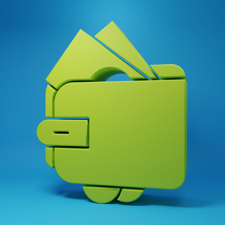 Green Wallet with stacks paper money cash icon isolated on blue background. Purse icon. Cash savings symbol. Minimalism concept. 3D render illustration.の写真素材