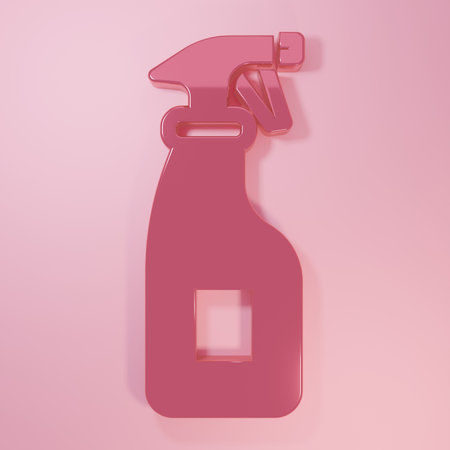 Pink Cleaning spray bottle with detergent liquid icon isolated on pink background. Minimalism concept. 3D render illustration.の写真素材