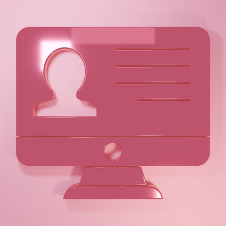 Pink Computer monitor with resume icon isolated on pink background. CV application. Searching professional staff. Analyzing personnel resume. Minimalism concept. 3D render illustration.の写真素材