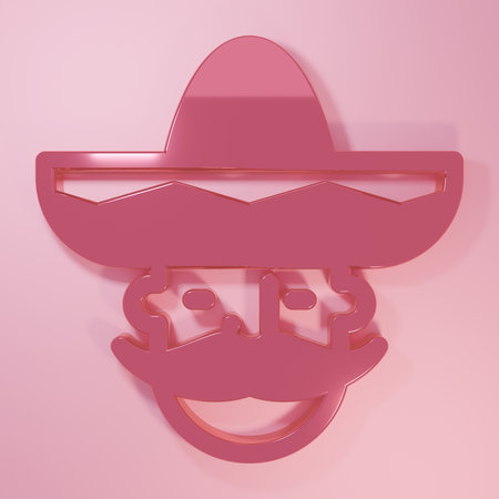 Pink Mexican man wearing sombrero icon isolated on pink background. Hispanic man with a mustache. Minimalism concept. 3D render illustration.の写真素材