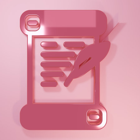 Pink Decree, paper, parchment, scroll icon icon isolated on pink background. Minimalism concept. 3D render illustration.の写真素材