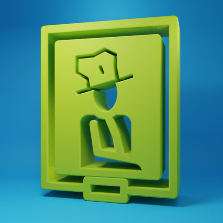 Green Portrait picture in museum icon isolated on blue background. Minimalism concept. 3D render illustration.の写真素材