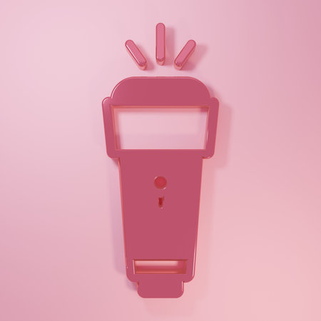 Pink Flashlight icon isolated on pink background. Minimalism concept. 3D render illustration.の写真素材
