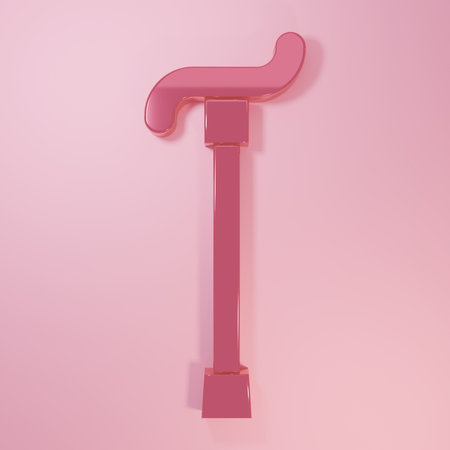 Pink Walking stick cane icon isolated on pink background. Minimalism concept. 3D render illustration.の写真素材