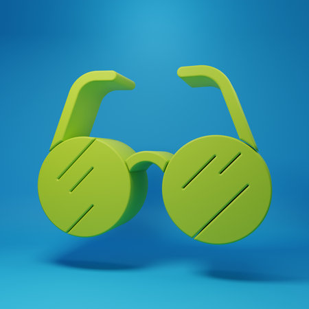Green Eyeglasses icon isolated on blue background. Minimalism concept. 3D render illustration.の写真素材