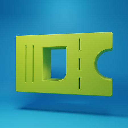 Green Cinema ticket icon isolated on blue background. Minimalism concept. 3D render illustration.の写真素材