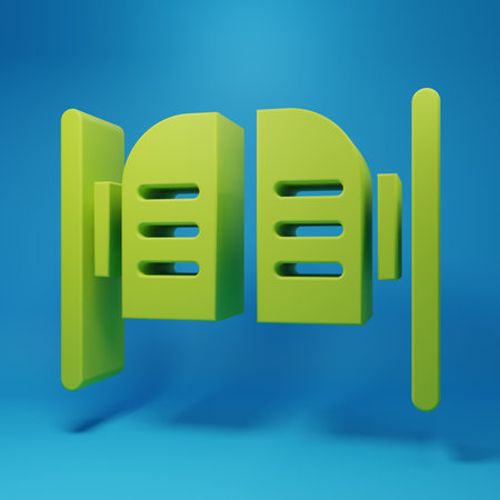 Green Old western swinging saloon door icon isolated on blue background. Minimalism concept. 3D render illustration.の写真素材