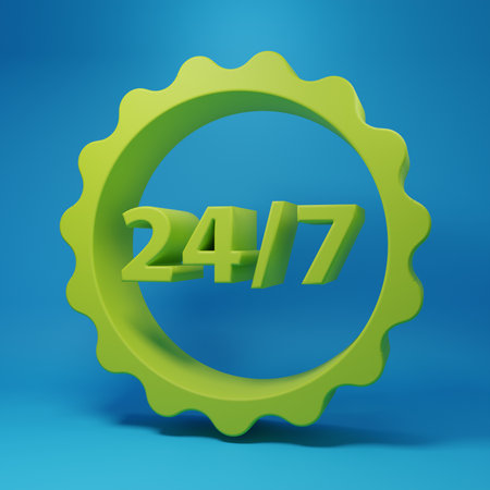 Green Clock 24 hours icon isolated on blue background. All day cyclic icon. 24 hours service symbol....