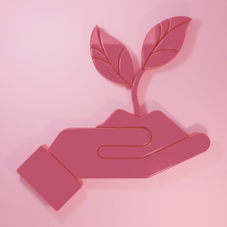 Pink Plant in hand of environmental protection icon isolated on pink background. Seed and seedling. Planting supply. Minimalism concept. 3D render illustration.の写真素材
