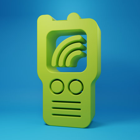 Green Walkie talkie icon isolated on blue background. Portable radio transmitter icon. Radio transceiver sign. Minimalism concept. 3D render illustration.の写真素材