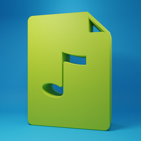 Green MP3 file document. Download mp3 button icon isolated on blue background. Mp3 music format sign. MP3 file symbol. Minimalism concept. 3D render illustration.の写真素材