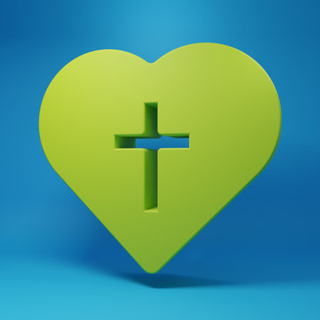 Green Christian cross in heart icon isolated on blue background. Happy Easter. Minimalism concept. 3D render illustration.の写真素材
