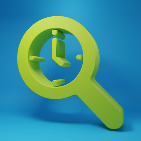 Green Magnifying glass with clock icon isolated on blue background. Clock search. Minimalism...