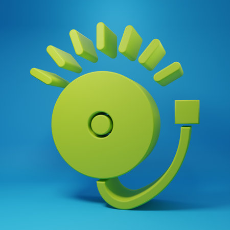 Green Ringing alarm bell icon isolated on blue background. Fire alarm system. Service bell, handbell sign, notification symbol. Minimalism concept. 3D render illustration.の写真素材