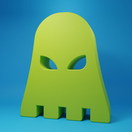 Green Executioner mask icon isolated on blue background. Hangman, torturer, executor, tormentor, butcher, headsman icon. Minimalism concept. 3D render illustration.の写真素材