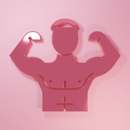 Pink Bodybuilder showing his muscles icon isolated on pink background. Fit fitness strength health hobby concept. Minimalism concept. 3D render illustration.の写真素材