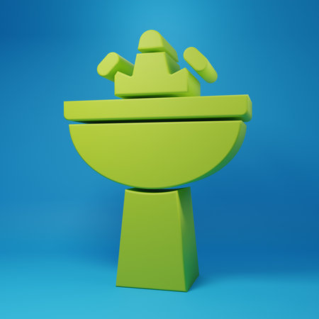 Green Washbasin with water tap icon isolated on blue background. Minimalism concept. 3D render illustration.の写真素材