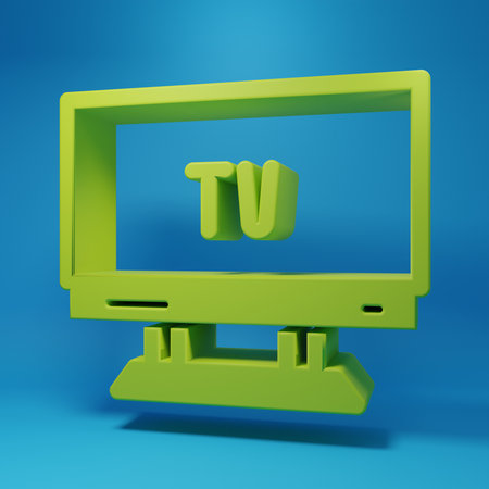 Green Smart Tv icon isolated on blue background. Television sign. Minimalism concept. 3D render illustration.の写真素材
