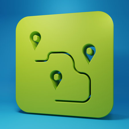 Green Route location icon isolated on blue background. Map pointer sign. Concept of path or road. GPS navigator. Minimalism concept. 3D render illustration.の写真素材