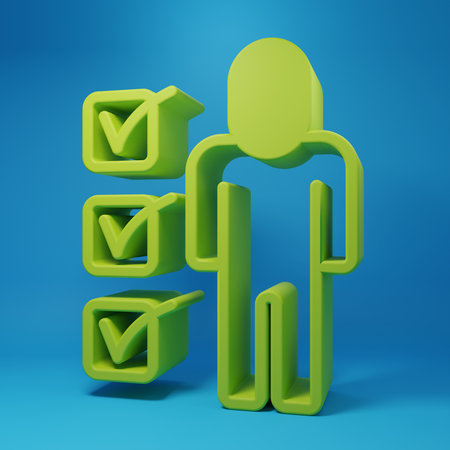 Green Resume icon isolated on blue background. CV application. Searching professional staff. Analyzing personnel resume. Minimalism concept. 3D render illustration.の写真素材