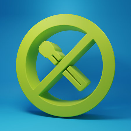 Green No fire match icon isolated on blue background. No open flame. Burning match crossed in circle. Minimalism concept. 3D render illustration.の写真素材