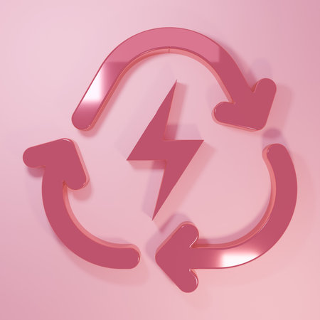 Pink Battery with recycle symbol line icon isolated on pink background. Battery with recycling symbol - renewable energy concept. Minimalism concept. 3D render illustration.の写真素材