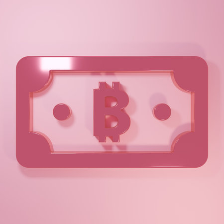 Pink Cryptocurrency bitcoin icon isolated on pink background. Blockchain technology, digital money market. Minimalism concept. 3D render illustration.の写真素材