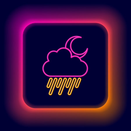 Glowing neon line Cloud with rain and moon icon isolated on black background. Rain cloud precipitation with rain drops. Colorful outline concept. Vector.のイラスト素材