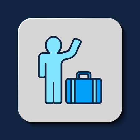 Filled outline Tourist with suitcase icon isolated on blue background. Traveling, vacation, tourism concept. Vector.のイラスト素材