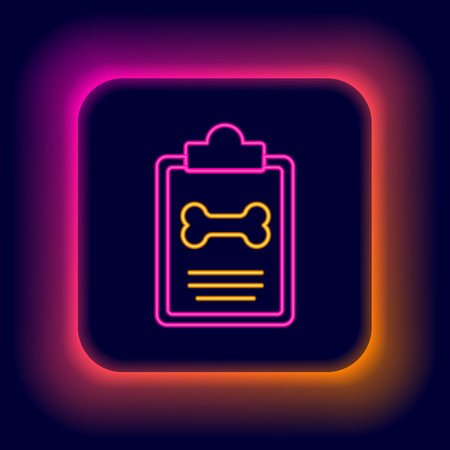 Glowing neon line Clipboard with medical clinical record pet icon isolated on black background. Health insurance form. Medical check marks report. Colorful outline concept. Vector.のイラスト素材