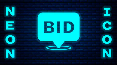 Glowing neon Bid icon isolated on brick wall background. Auction bidding. Sale and buyers. Vector.のイラスト素材