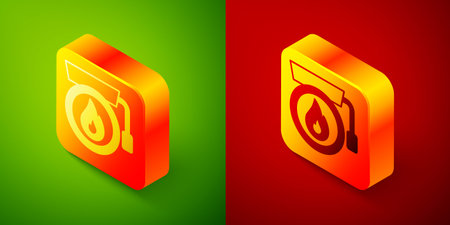Isometric Ringing alarm bell icon isolated on green and red background. Fire alarm system. Service bell, handbell sign, notification symbol. Square button. Vector.のイラスト素材
