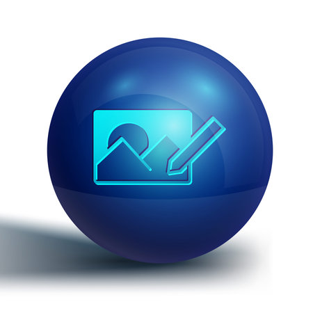 Blue Photo retouching icon isolated on white background. Photographer, photography, retouch icon. Blue circle button. Vector.のイラスト素材
