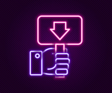 Glowing neon line Hand holding auction paddle icon isolated on black background. Bidding concept. Auction competition Hands rising signs with BID descriptions. Colorful outline concept. Vector.のイラスト素材