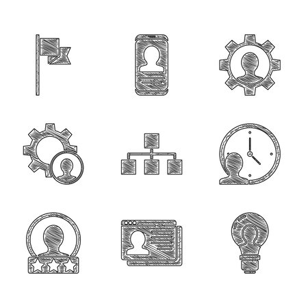 Set Hierarchy organogram chart Resume Head with lamp bulb Time Management Create account screen hunting Human gear and Location marker icon. Vector.のイラスト素材