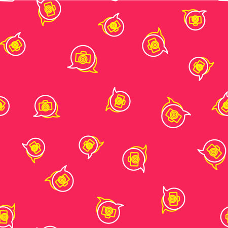 Line Photo camera icon isolated seamless pattern on red background. Foto camera. Digital...