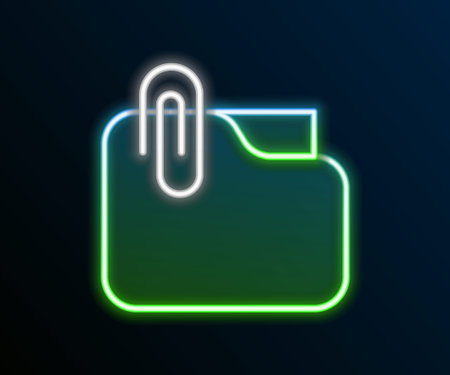Glowing neon line Document folder with paper clip icon isolated on black background. Accounting binder symbol. Bookkeeping management. Colorful outline concept. Vector.のイラスト素材