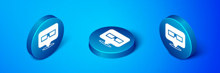 Isometric 3D cinema glasses icon isolated on blue background. Blue circle button. Vector.