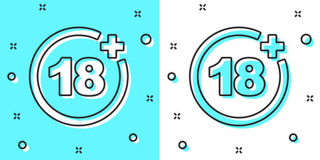 Black line Plus 18 movie icon isolated on green and white background. Adult content. Under 18 years sign. Random dynamic shapes. Vector.のイラスト素材