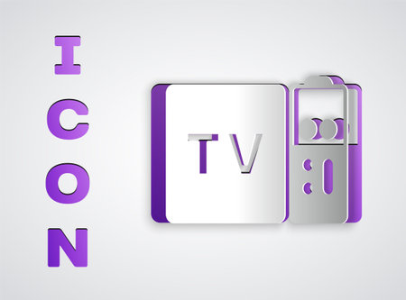 Paper cut Multimedia and TV box receiver and player with remote controller icon isolated on gray background. Paper art style. Vector.のイラスト素材