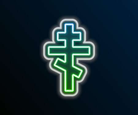 Glowing neon line Christian cross icon isolated on black background. Church cross. Colorful outline concept. Vector.のイラスト素材