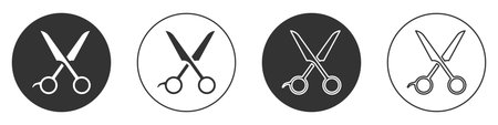 Black Scissors hairdresser icon isolated on white background. Hairdresser, fashion salon and barber sign. Barbershop symbol. Circle button. Vector.のイラスト素材
