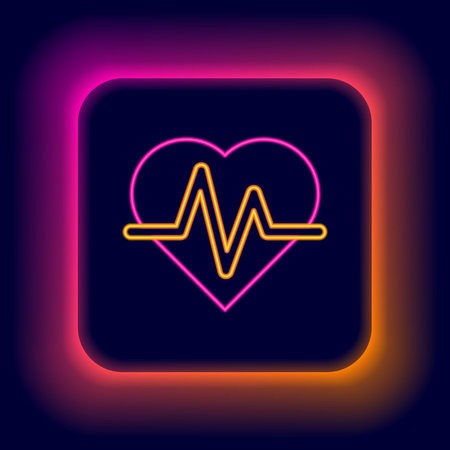 Glowing neon line Heart rate icon isolated on black background. Heartbeat sign. Heart pulse icon. Cardiogram icon. Colorful outline concept. Vector.のイラスト素材