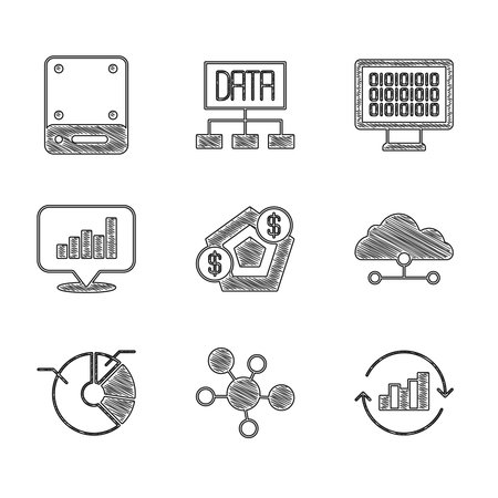Set Financial growth Mind map infographic Pie chart Network cloud connection Binary code and Server icon. Vector.のイラスト素材