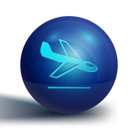 Blue Plane landing icon isolated on white background. Airplane transport symbol. Blue circle button. Vector.のイラスト素材